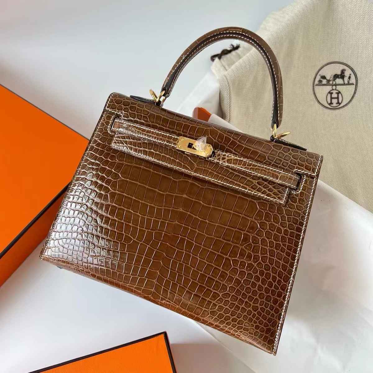 Hermes Kelly 25 Porosus shiny Miel Crocodile GHW